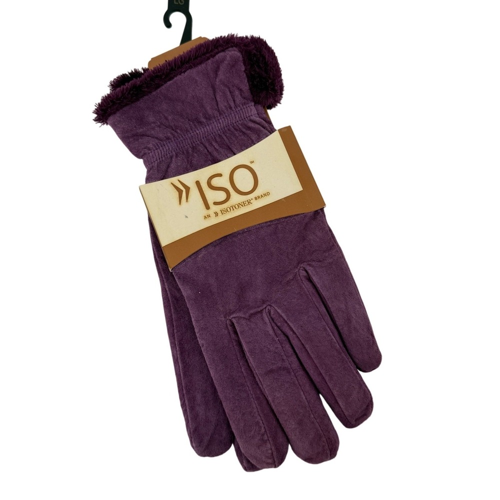 Isotoner Gloves‎ Blackberry Purple Women L Genuine Leather Faux Fur Trim New
